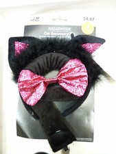 Cat Accessory Kit Black Sparkly Pink Ears Costume Headband Tail  Bow Tie New 3 