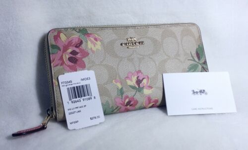 NEW Authentic Coach Leather Wallet Khaki Floral Pink and Yellow Flowers