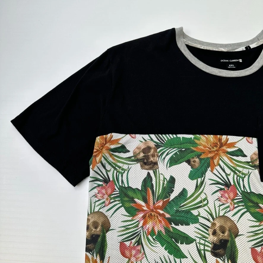 Ocean Current Shirt Men XXL Skull Floral Patchwork Color Block Pocket Core Ex Foto 2 de 4