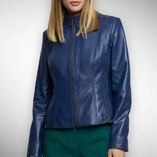 Stylish Blue Leather Jacket Women's Handmade Real Lambskin New Motorcycle Biker - Picture 3 of 9