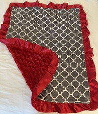 Minky Reversible Red Plush Gray Fleece Baby Blanket Satin Trim Handmade USA Made