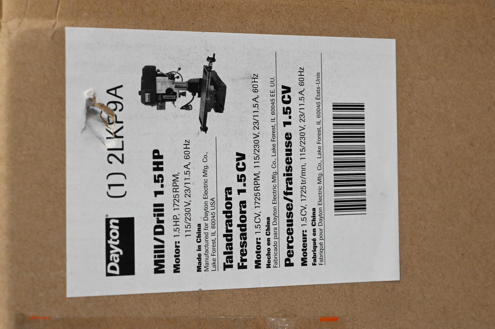 DAYTON Mill Drill Machine R8, 16 in Swing, 1 Phase, 120/240V, 2LKP9