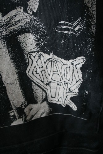 Vtg sexy punk Chaos UK short sharp shock black leather biker jacket XL studs - Picture 11 of 18