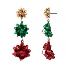 Christmas Bow Pierced Linear Dangle Earrings Red Green and Gold Bows NEW