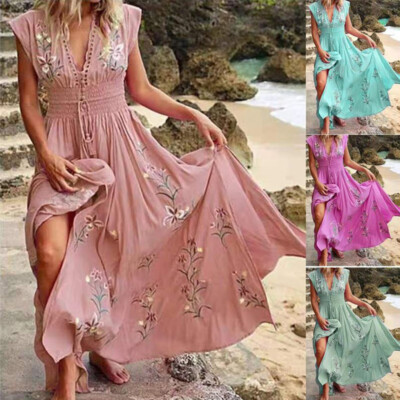 Women V Neck Boho Floral Long Maxi Dress Sleeveless Beach Sundress Casual 