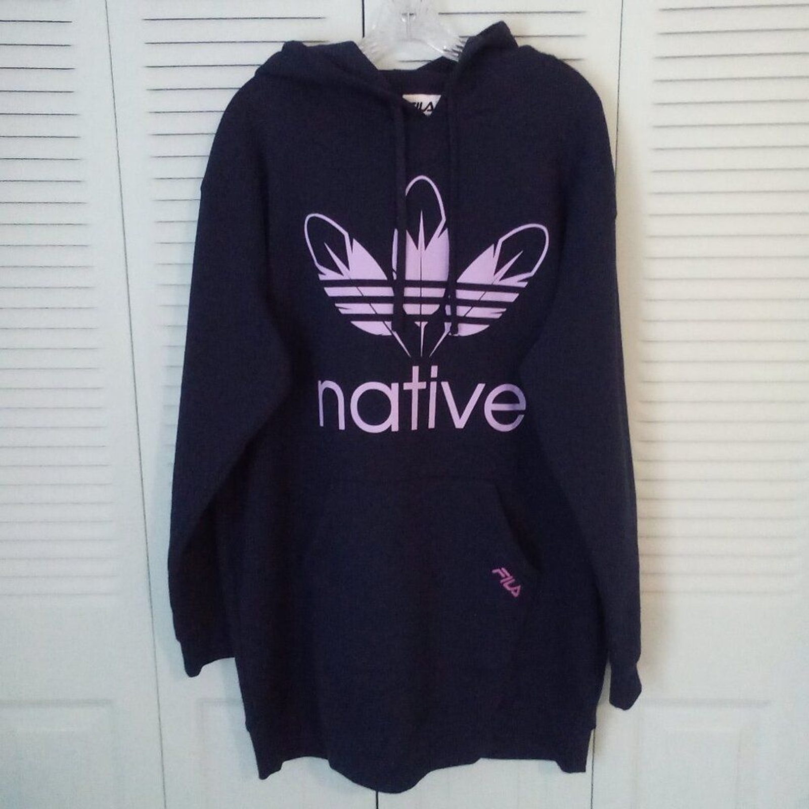 FILA NATIVE AMERICAN LONG NAVY FELPA CON CAPPUCCIO LAVANDA PIUME CANGURO TASCA LUNGA LRG