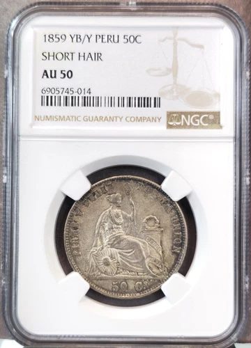 1859 YB/Y PERU SILVER 50 CENTAVOS TRANSITIONAL COINAGE NGC AU 50 EXTREMELY RARE