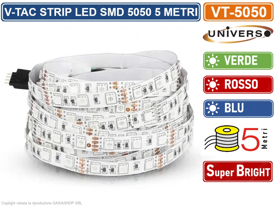 V-TAC VT-5050-60 STRISCIA LED FLESSIBILE 55W SMD 60 LED/METRO 12V 5 METRI - IP20 - Immagine 3 di 3