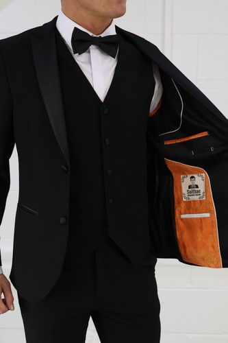 Traje de cena de esmoquin negro de tres piezas para hombre corbata negra boda graduación novio calce ajustado - Imagen 3 de 10
