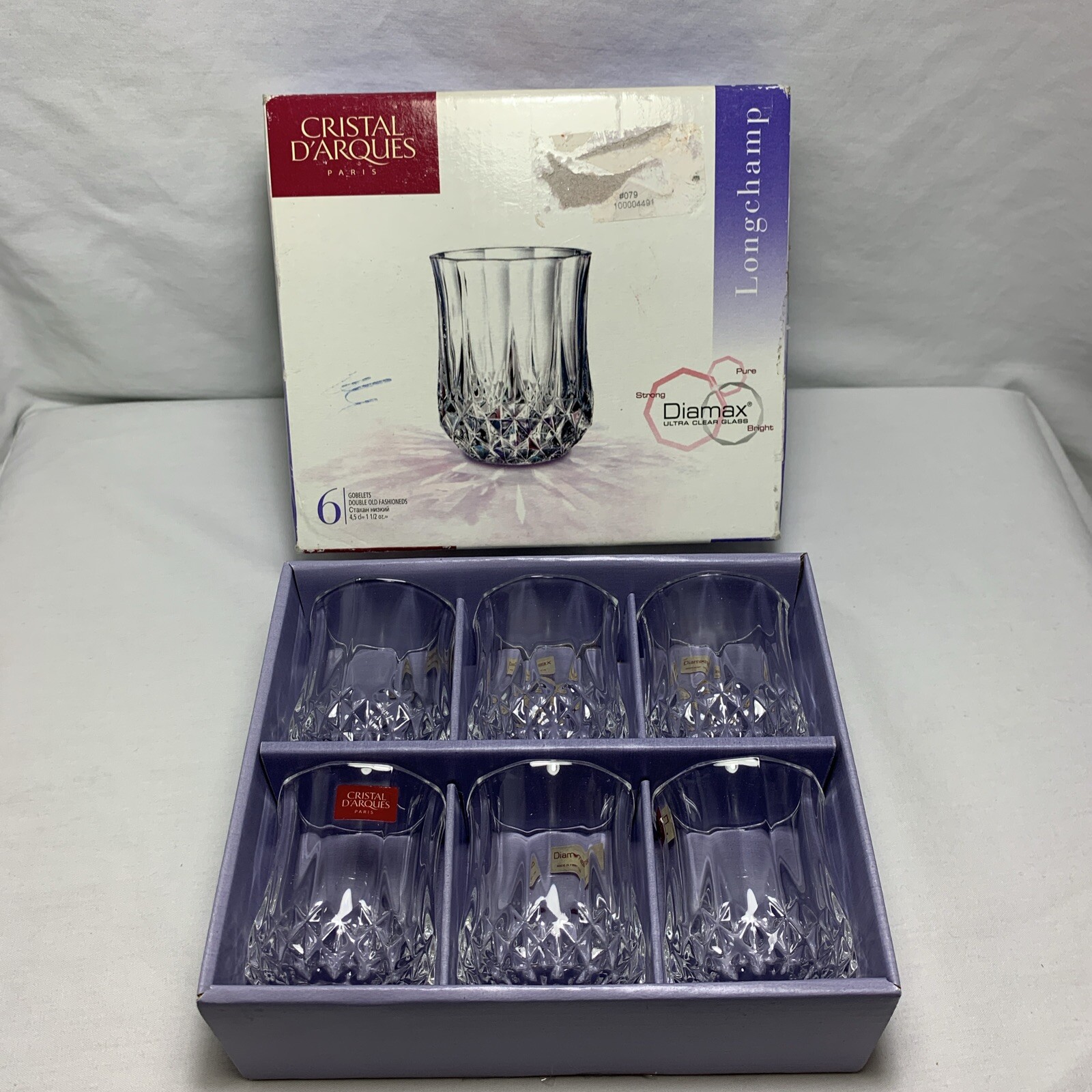 6 Cristal D’Arques LONGCHAMP 2 oz Lead Crystal Shot Glasses in Box
