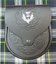 Black Embossed Leather with Thistle Badge Sporran for Kilts Includes Chain Belt