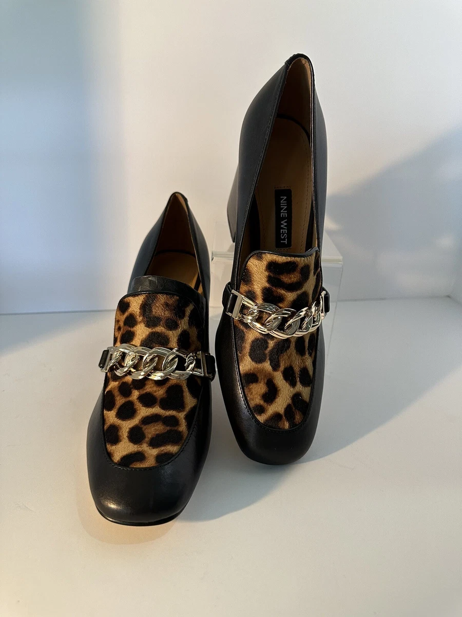 Leopard Leather Loafer Black Heel NEW Nine West Size 6 Animal