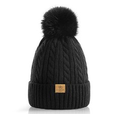 Women Winter Pom Pom Beanie Hats Warm Fleece Lined,Chunky Medium Black-1
