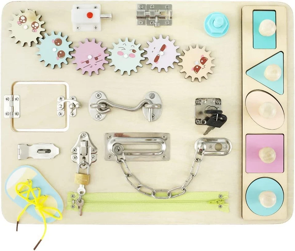 HOLZ BUSY BOARD MONTESSORI MOTORIK AKTIVITÄT FRÜHES LERNEN SENSORISCHES SPIELZEUG