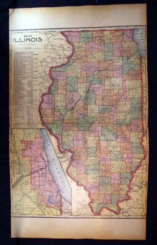 1910 State of Illinois Antique Color Map 17" x 27" - Picture 1 of 7