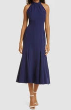 $465 Milly Women's Blue Halter Open-Back Penelope Midi A-Line Dress Size 4