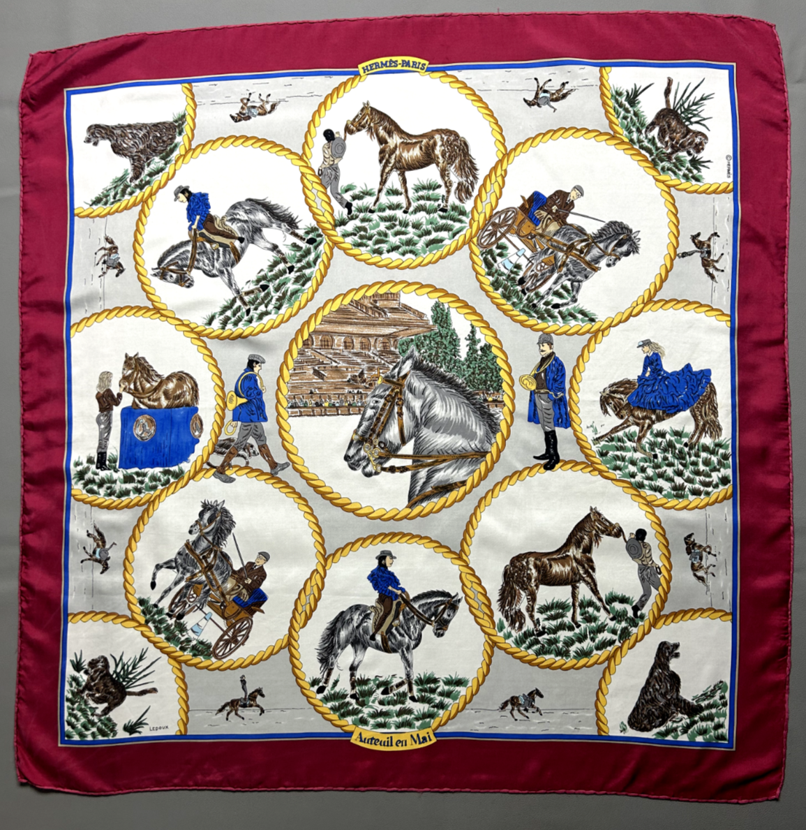 エルメス Auteuil en Mai 馬と騎手のスカーフ Authentic Hermès scarf 