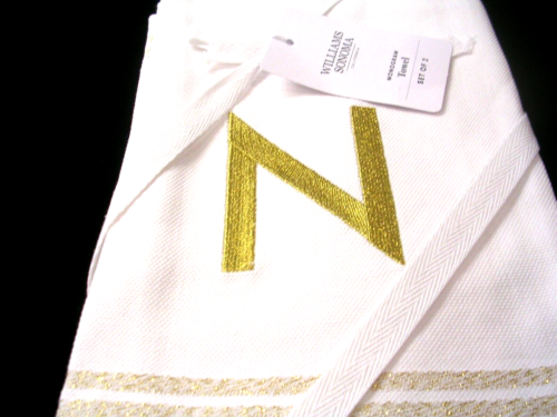 WILLIAMS SONOMA MONOGRAM METALLIC GOLD "N" TOWEL SET 100% COTTON NEW WITH TAGS - Picture 1 of 10