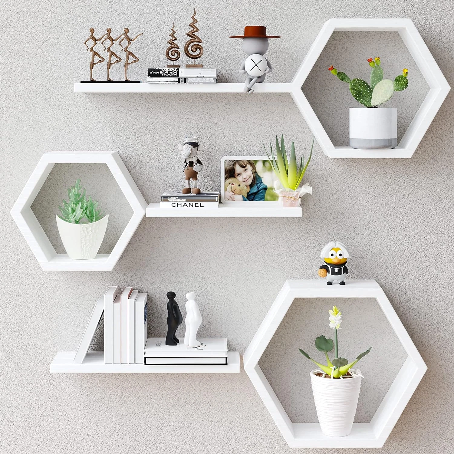 Set of 6 Wooden Hexagon Floating Shelves for Home & Office Decor - White
