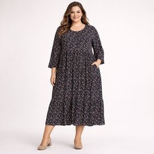 Old Navy Womens Dress XXL Navy Coral Ditsy Floral Print Tiered Maxi Boho Cottage