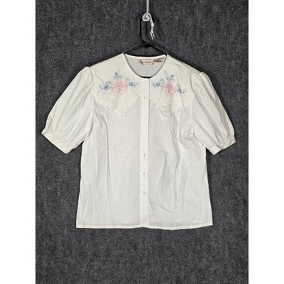 VTG Bechamel Vintage White Floral Embroidered Lace Button Down Blouse Womens 14