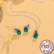 Green Baguette Cubic Zirconia Pendant Necklace Earrings S925 Silver Jewelry Set