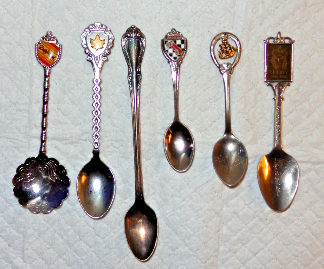 Vintage SOUVENIR SPOON LOT 6 USA CELEBRATION, DOLLYWORLD, PLYMOUTH MASS., BABY +