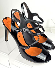 Via Spiga Black Patent Leather Strappy Slingback Heels Open Toe Sz 7.5
