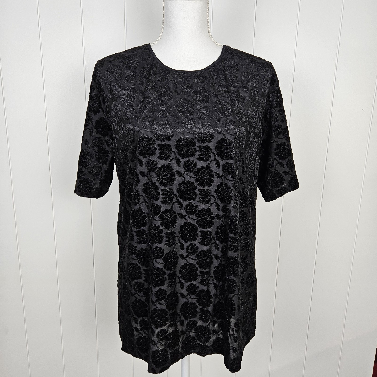 Vintage Velvet Burnout Blouse Short Sleeve Floral y2k Office Black Womens