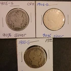 Lot Of 3 Barber Half Dollar 90% Silver Coin 1900S 1905S And 1906D