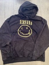 Official Nirvana Band Pullover Hoodie, Washed, Black XL Loose Smiley Face