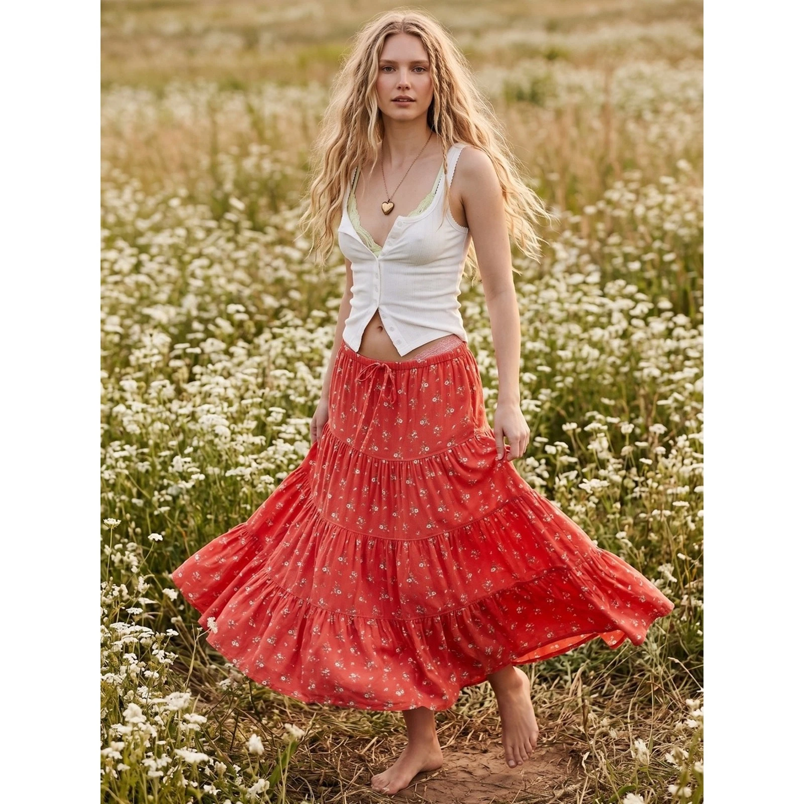 Free People Linen Bohemian Cottage Nova Tiered Maxi Skirt Guava Floral XL NEW