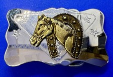 Horse Head Through Lucky Horseshoe Two Tone Ornate Western Vintage Belt Buckle