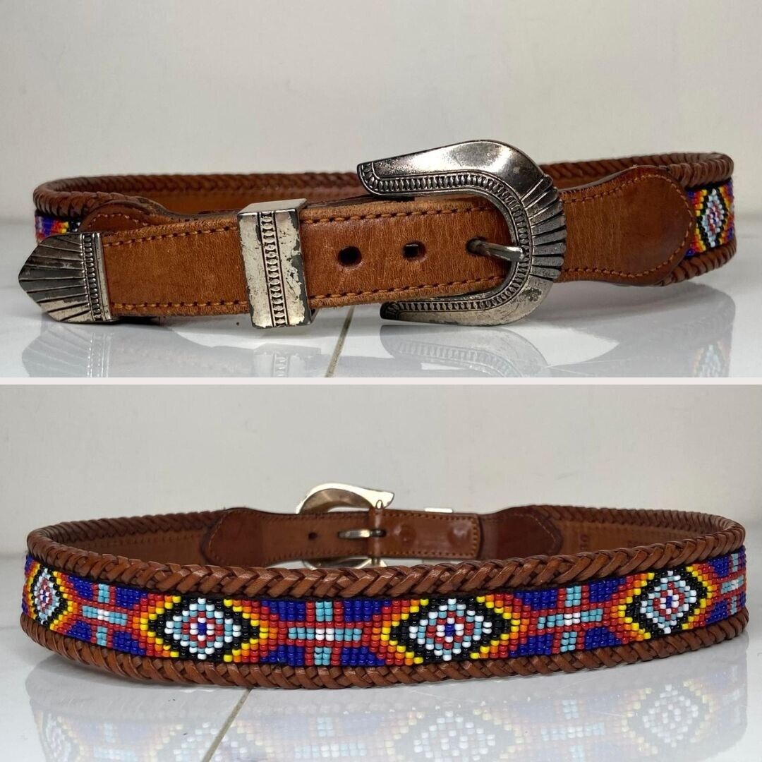 Vintage 1991 LL Bean Southwestern Navajo Indian Beaded Brown Leather Belt 30