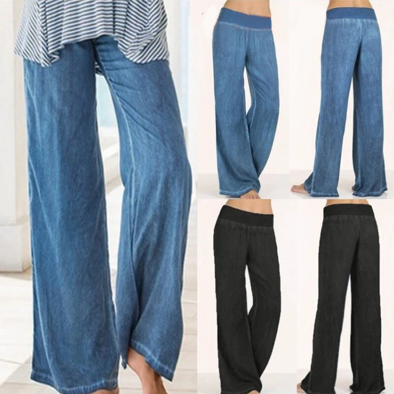 Jeans A Gamba Larga Da Donna Pantaloni Larghi In Denim Elasticità A Vita ☆ - Immagine 3 di 4