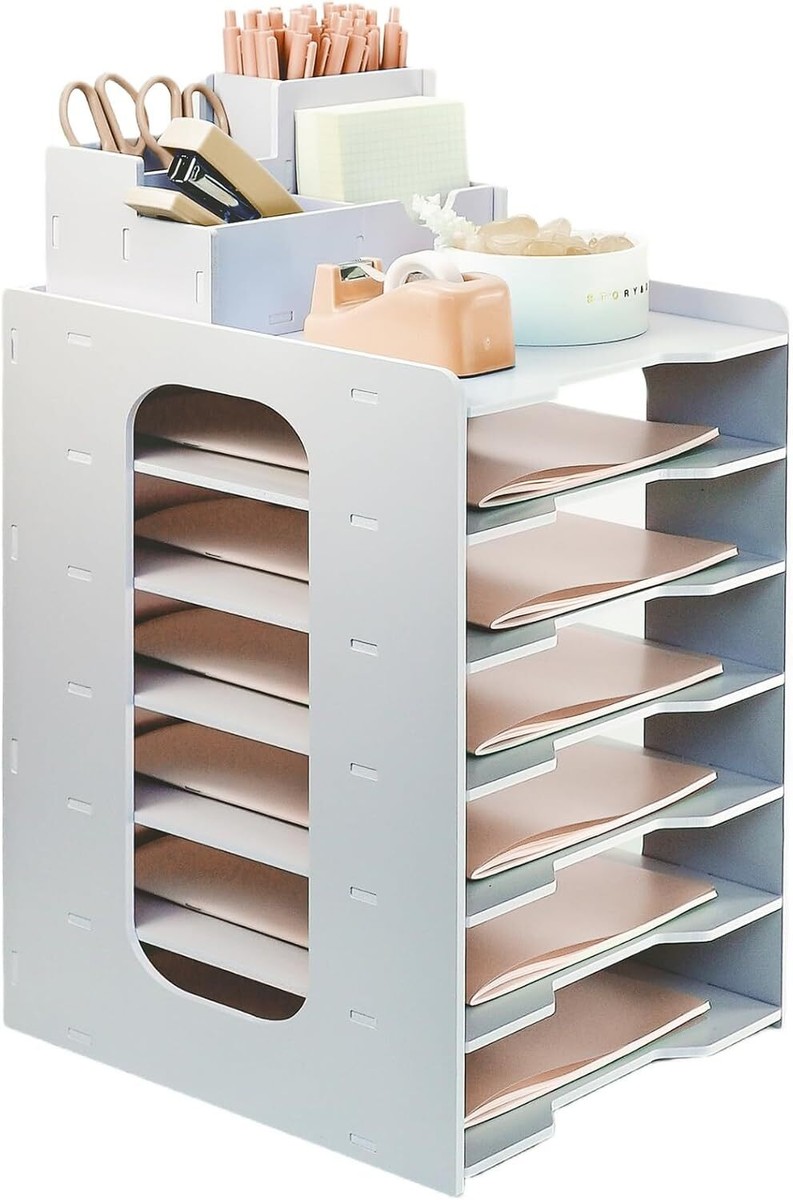 PLSOPPKG 5 Tier Metal Mesh Desk Organizer – Letter Tray With Handle For A4 Paper, Files, Magazines