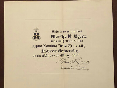 Vintage 1941 Alpha Lambda Delta Fraternity Acceptance Certificate IU Indiana