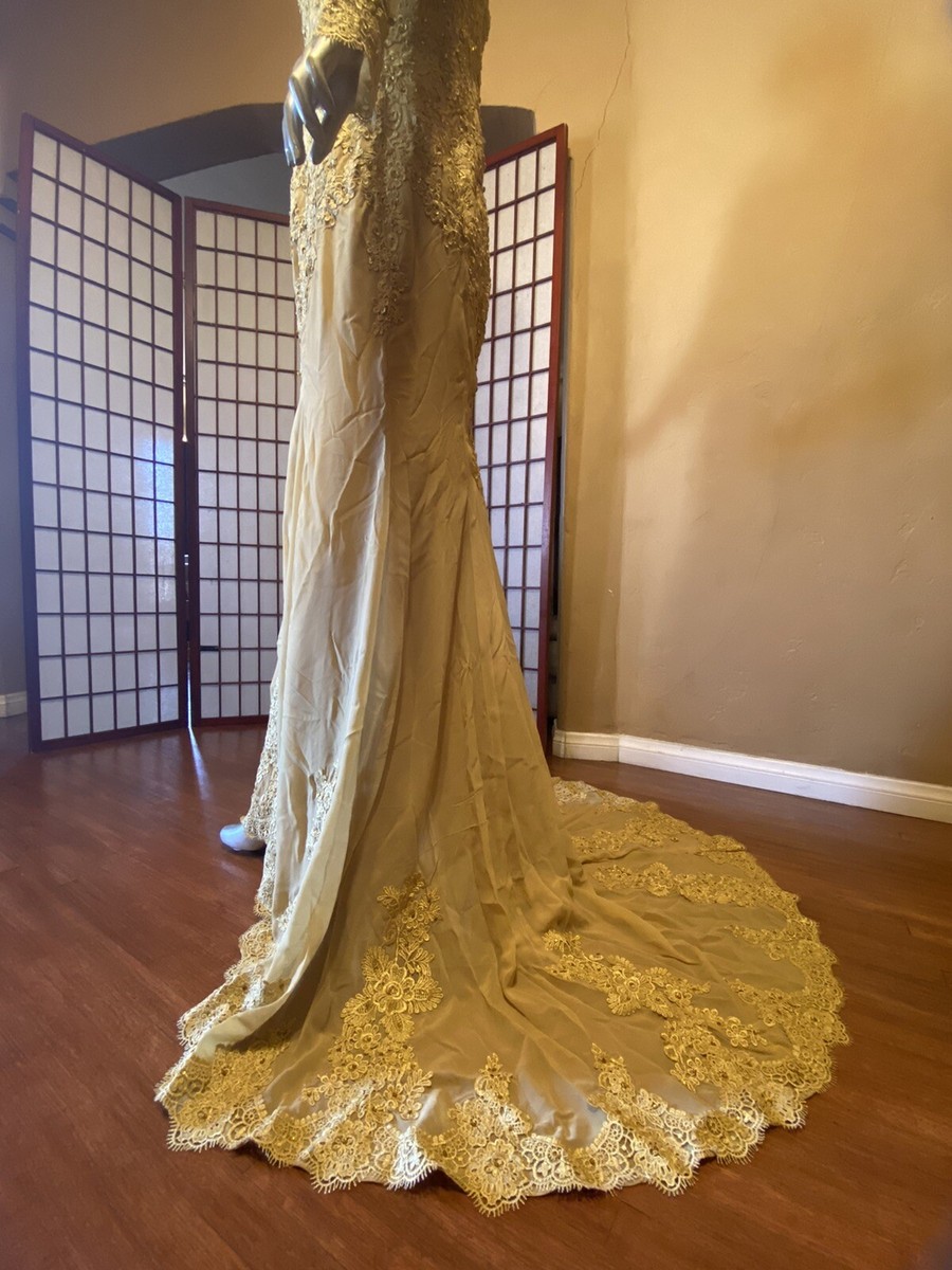 Mermaid Gold Sequins Long Sleeve Lace Formal Prom Party Wedding Dress with  Train | eBay