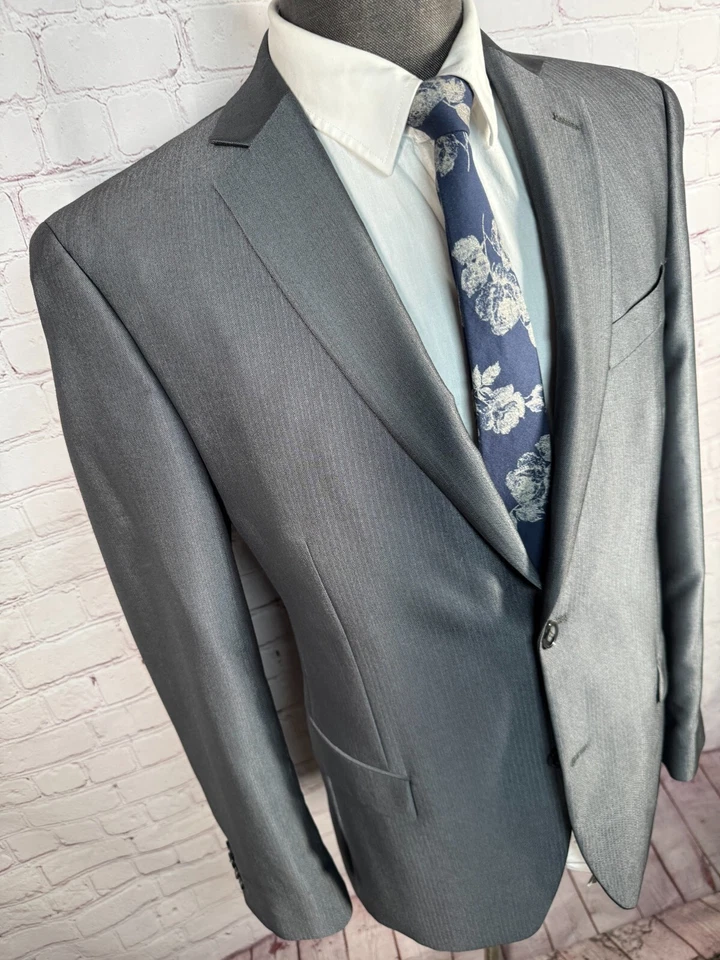 APT. 9 Mens Silver Gray HERRINGBONE Flat Front 2pc Suit 40R Jacket 34x30 Pant - Image 4 of 4