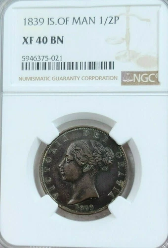1839 ISLE OF MAN 1/2 PENNY QUEEN VICTORIA NGC XF 40 BN GREAT LOOKING COIN