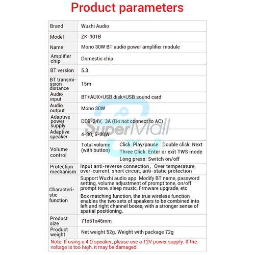 ZK-301B Mono Channel 30W Bluetooth 5.3 Stereo Audio Amplifier Board Module TWS - Bild 15 von 16