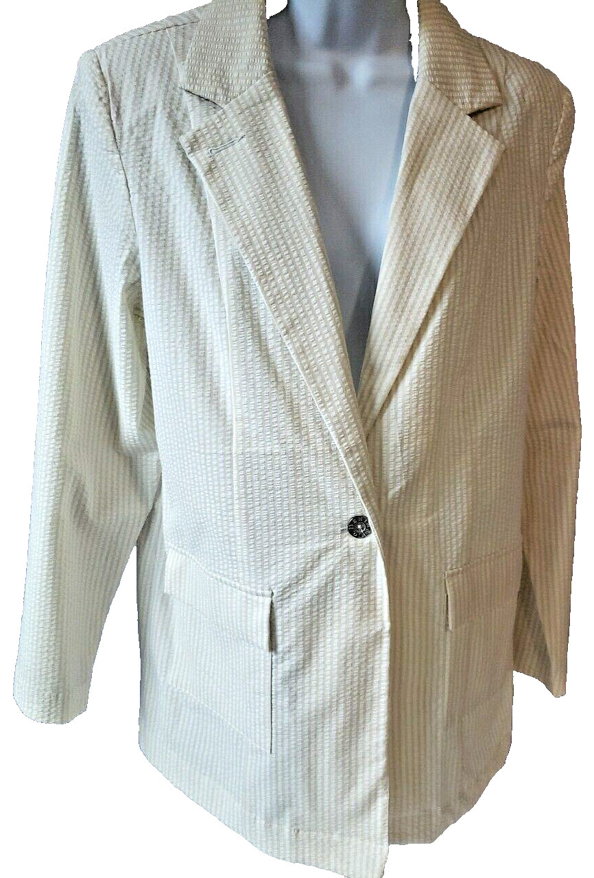 Denim & Co Boyfriend Blazer women's Size M yellow/White Seersucker w/pockets