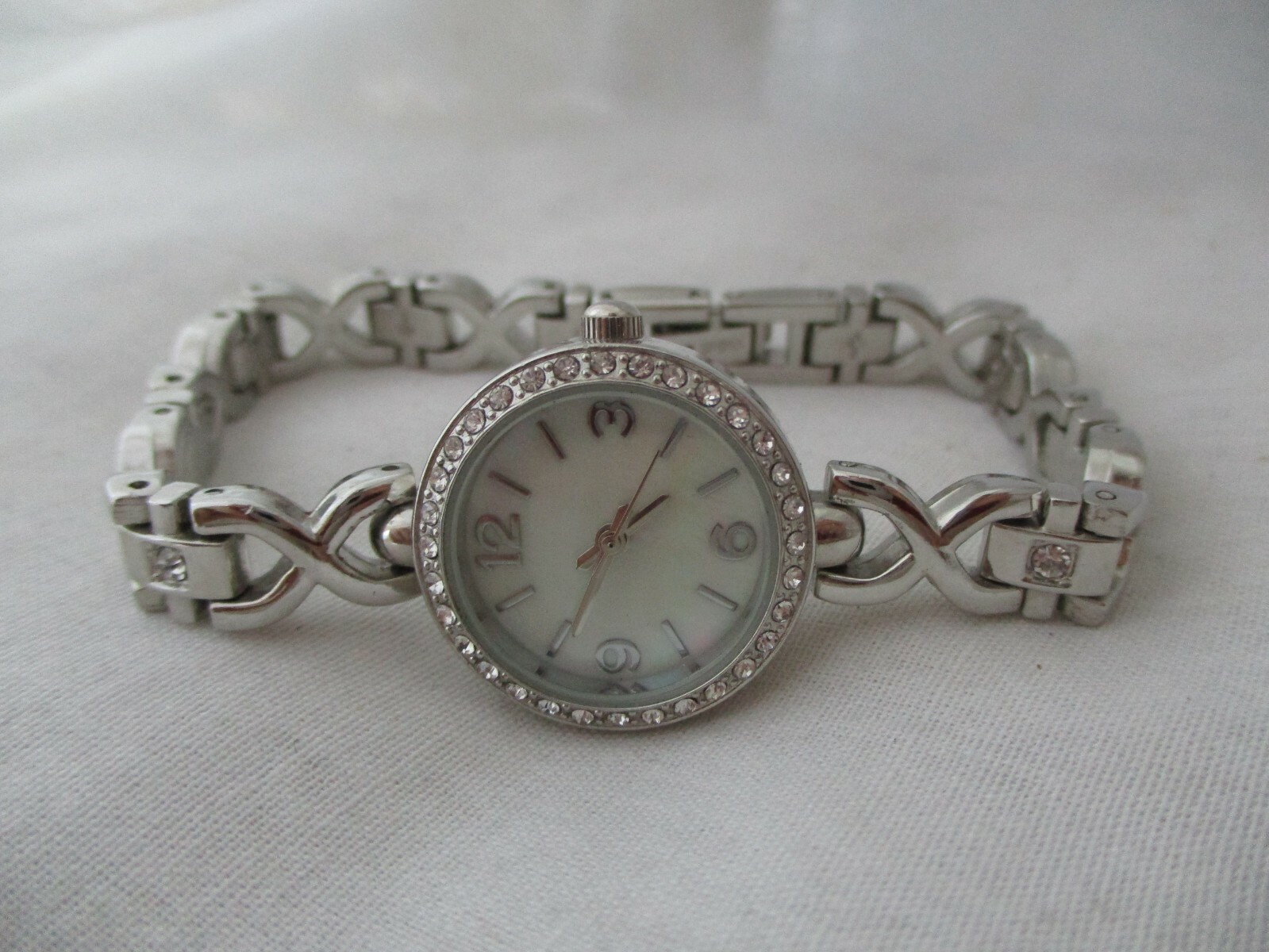 Elegant Silvertone Rhinestone Bracelet Watch with Mother of Pearl Face & Working Movement-image