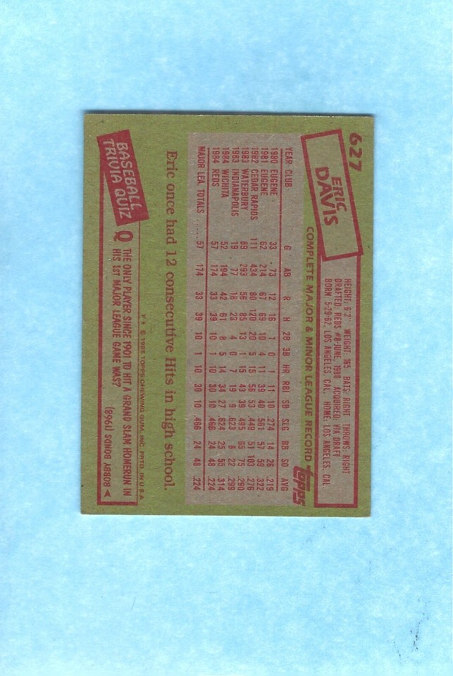 Eric Davis 1985 Topps Rookie RC #627 NM Near MINT | eBay