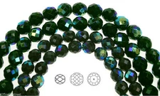 Czech Fire Polished Round Faceted Glass Beads in Black Emerald AB coated, 16"