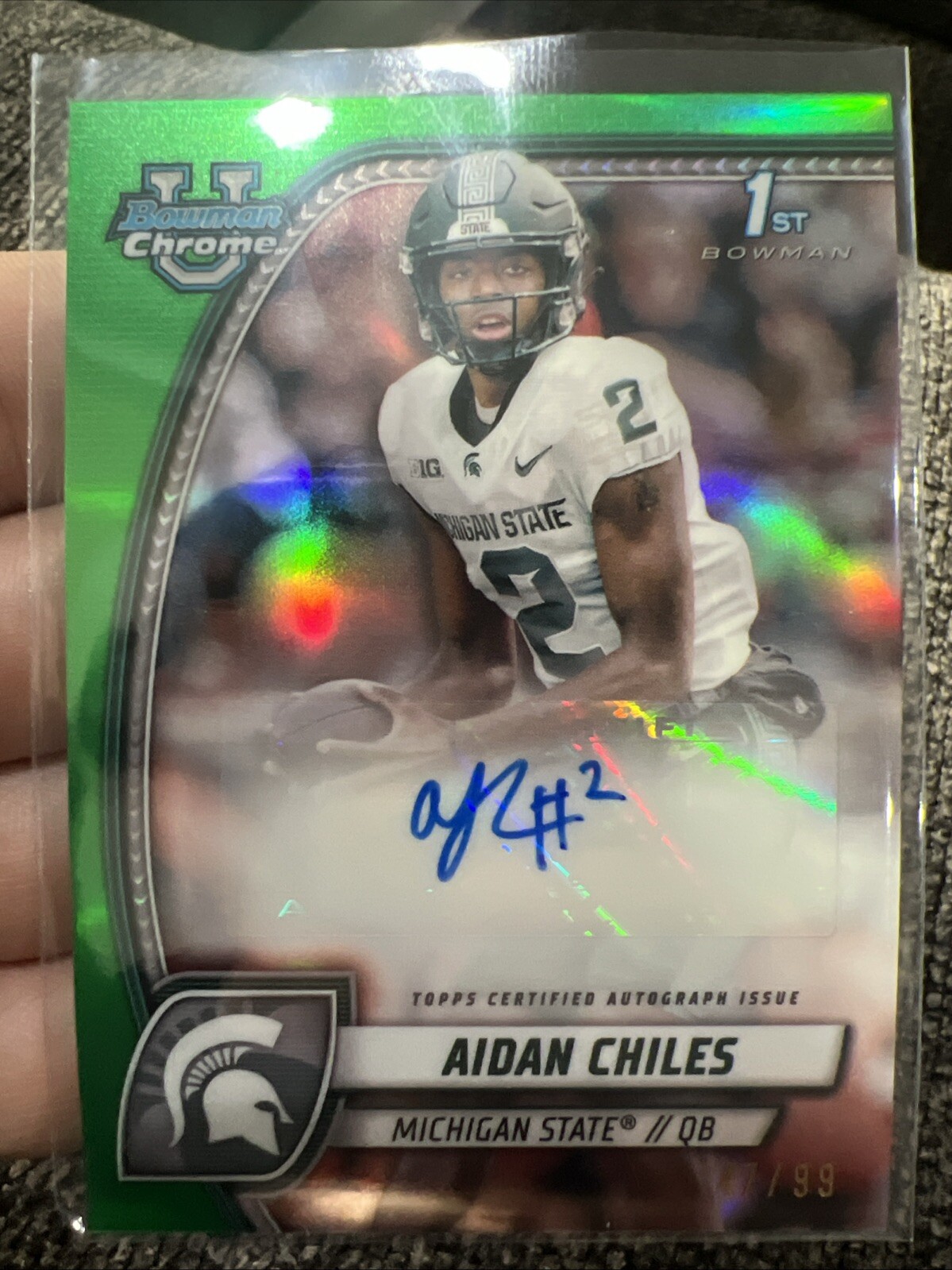 2024 Bowman University Chrome Aidan Chiles Green Refractor Holo Auto /99 MSU🔥🏈