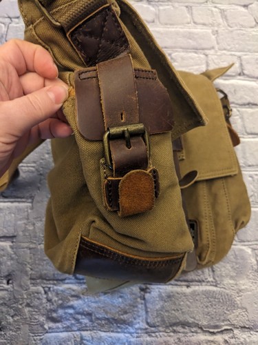 Berchirly Green Brown Canvas Messenger Bag Missing Front Buckle Still Zips Close - Picture 5 of 13