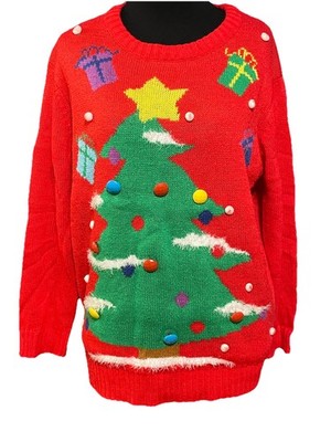 Christmas Sweater 3D Tree Presents S Knit Red Buttons Fizzy Snow Party Art