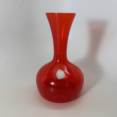Morgantown Red Glass Vase 6  tall, Gypsy Fire Vintage With Original Label
