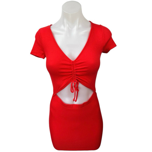NEW Urban Renewal Red Short Sleeve Ruched Cutout Mini Bodycon Dress Size XS